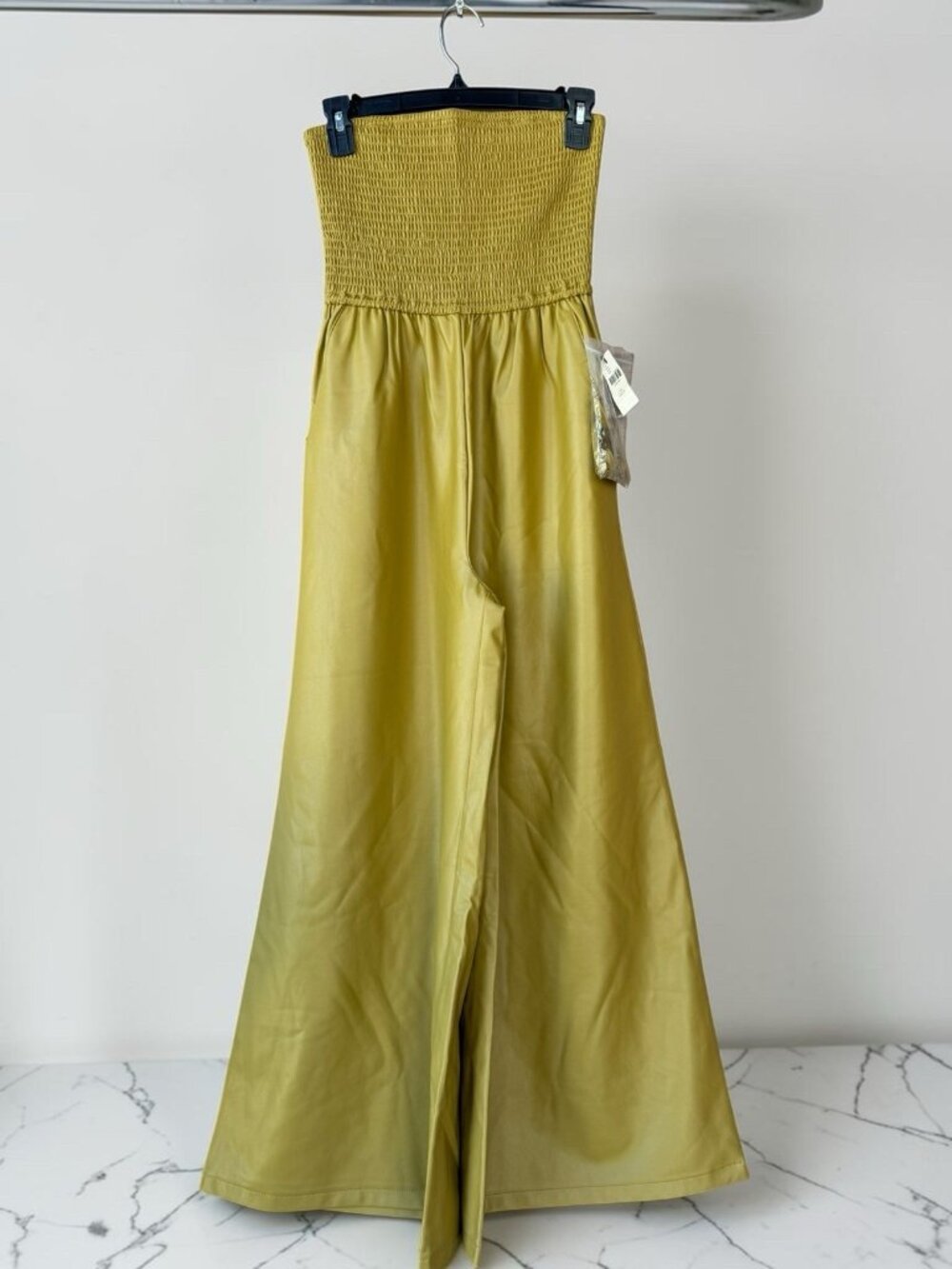 Anthropologie Maeve Faux Leather Strapless Jumpsuit XXSP Olive Green Wide LegNWT - Picture 2 of 14